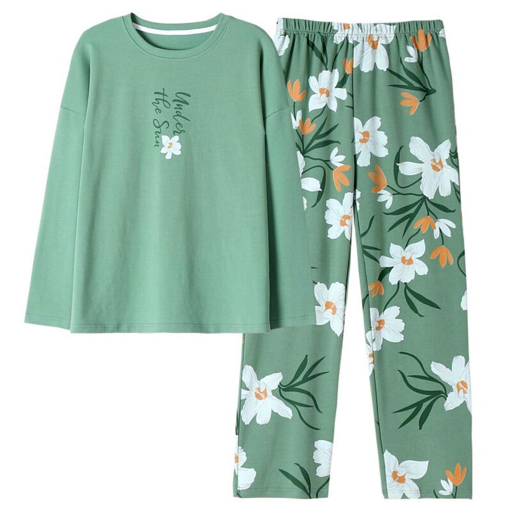 Cotton Women’s Pajama Set 2 Pcs Long Sleeve Pullover Top Sleepwear Long PJ Pants
